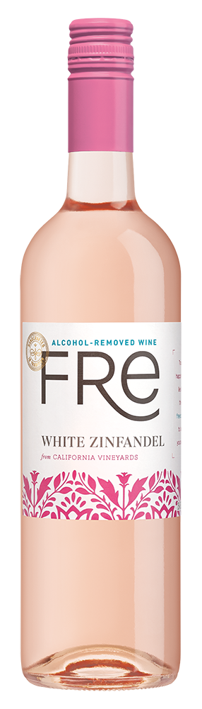 A bottle of Fre white zinfandel rosé non-alcoholic wine