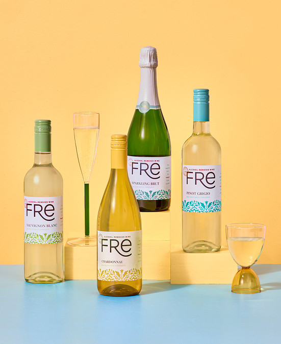A selection of Fre non-alcoholic white wine bottles