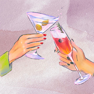 City Guide - Drink - a painting of two hands that enter from either side of the frame to meet and click glasses in the middle, one holding a martini and the other holding a sparkling cocktail