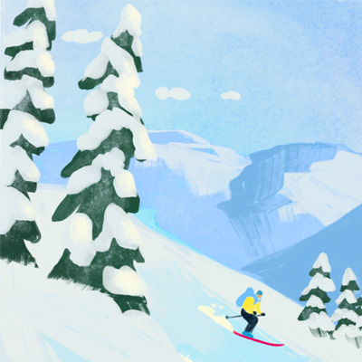 City Guide - Explore Winter - a painting that shows a winter scene of a skier on a steep slope with pine trees in the foreground and mountains in the background