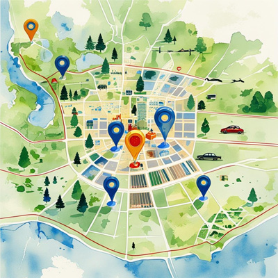 City Guide - Map - a stylized and colorful representation of a generalized map