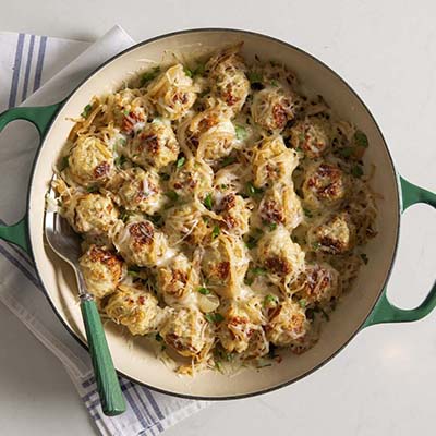 Bird's eye view of a bowl of meatballs