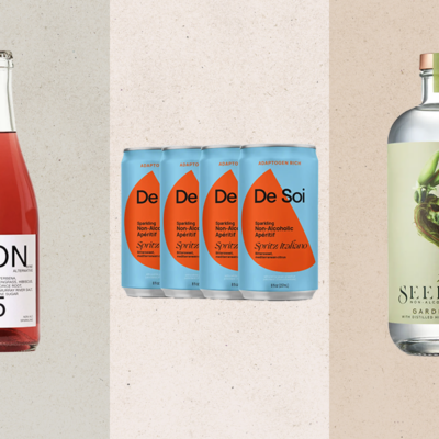 A triptych graphic with a glass wine bottle in the left portion, four cans in the middle, and a spirits glass bottle in the right section, with hand made paper backgrounds in varying light earth tones